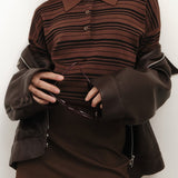 Color-block Stripe Fitted Polo Knit Blouse