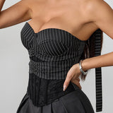Stripe Lace Trim Backless Corset Crop Top