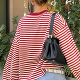 Striped Color Block Crew Neck Loose Long Sleeve Tee