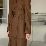 Brown Print V-Neck Lace-Up Pants Office Two Piece Set