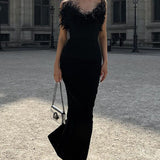 Ostrich Feather Deep V Bodycon Party Dress