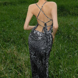 Leopard Print Backless Spaghetti Strap Party Dress