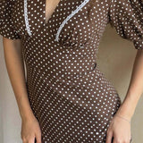 Polka Dot V-Neck Puff Sleeve Bodycon Maxi Dress