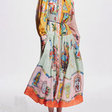 Unique Print Colorblock Balloon Sleeve Belt Shirt Midi Dress
