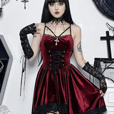 Gothic Velvet Vintage Spaghetti Strap Lace Up Romantic Casual Fashion Dress
