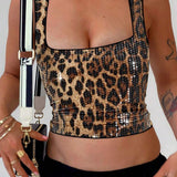 Leopard Sequin Bustier Crop Top