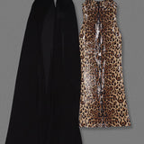 Leopard Sequin Sheer Cape Spaghetti Strap Backless Prom Dress