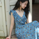 V-Neck Ruffled Midi Floral Dress