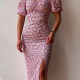 Chiffon Wrap Slit Floral Dress