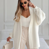 White Fuzzy Tie Waist Mid-Length Relaxed Cardigan