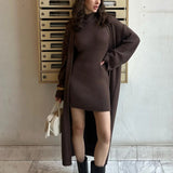 Knit Tank Dress Fitted Long Cardigan Two Piece Set