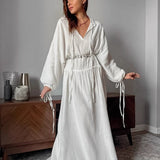 Cotton Cutout Tie Waist Long Sleeve Maxi Dress