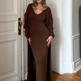 Solid V Neck Cotton Knit Bodycon Two Piece Set
