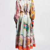 Unique Print Colorblock Balloon Sleeve Belt Shirt Midi Dress
