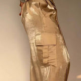 Golden Years Glitter Fabric Drawstring Waist Pocketed Wide Leg Pants