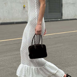 Boho Ruffle Knit Sexy Cutout Sheer Cami Maxi Dress