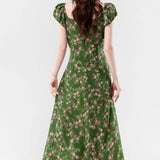 Retro Slim Green V-Neck Floral Dress