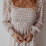 White Floral Print Shirred Ruffled Hem Square Neck Midi Dress