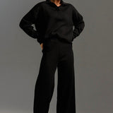Polo Collar Knit Pullover Wide-Leg Pants Two Piece Set