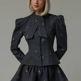 Embroidered Waist-Cinched Blazer & Mini Skirt Two Piece Set