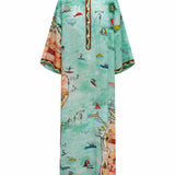 Modern Satin Art Island Print Slit Maxi Dress