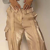 Golden Years Glitter Fabric Drawstring Waist Pocketed Wide Leg Pants