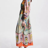 Unique Print Colorblock Balloon Sleeve Belt Shirt Midi Dress
