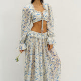 Floral Tie Front Square Neck Ruffled Cropped Top Low Waist Jogger Pants Two Piece Set