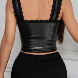 PU Leather Lace Insert Corset Bustier Tank Top