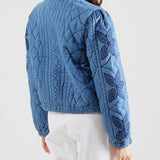 Long Sleeve Button Blue Embroidered Cropped Jacket