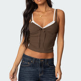 Faux Two Piece Bow Lace Sweet Crop Top