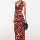 Polka Dot Print Halter Waist Tie Maxi Dress