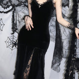 Sexy Spaghetti Strap Backless Velvet Gothic Cross Black Lace Patchwork Maxi Dress
