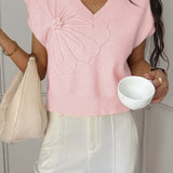 Deep V Solid Knit Short Sleeve Sweater