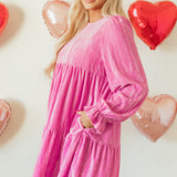 Strawberry Pink Flounce Sleeve Tiered Ruffled Velvet Mini Dress