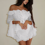 Stylish Off Shoulder Long Sleeve Ruffle Skirt Set