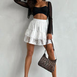 Sheer Lace Jacquard Tiered Mini Skirt
