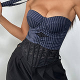 Stripe Lace Trim Backless Corset Crop Top