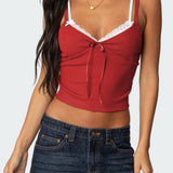 Faux Two Piece Bow Lace Sweet Crop Top