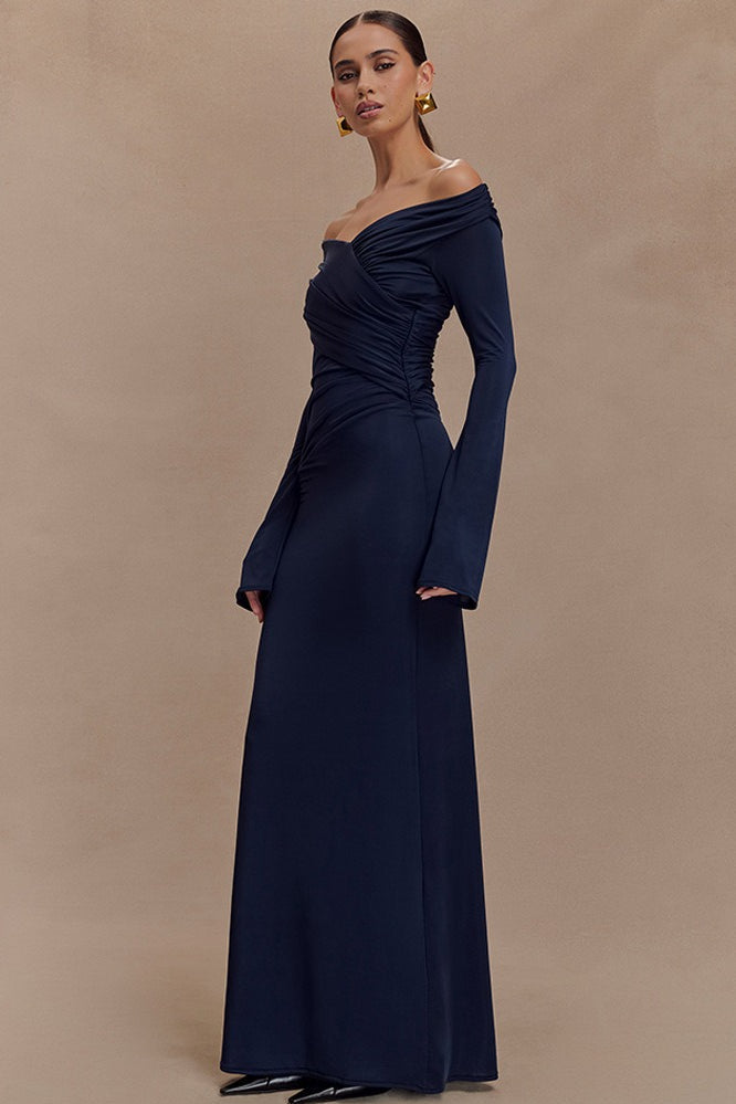 V-Neck Slim Fit Ruched Maxi Dress