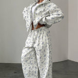 Floral Cropped Zip Hoodie Drawstring Wide-leg Pants Two Piece Set