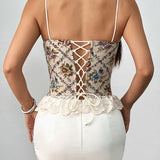 Lace Trim Patchwork Boned Corset Tank Top