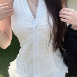 White Lace Trim V Neck Halter Waist Tie Tank Top