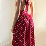 Red Polka Dot V-Neck Halter Backless Maxi Dress