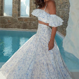 Off Shoulder Floral Ruffled Camisole Maxi Dress Two Piece Set