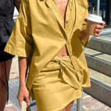 Yellow Loose Half Sleeve Mini Office Two Piece Set