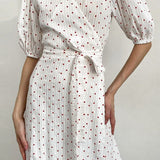 Cotton Heart Print V-Neck Wrap Maxi Dress