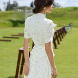 Puff Sleeve Floral Stand Collar Waist Cinch Two Piece Set