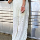 Solid Cutout Embroidered Elastic Waist Pants