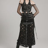 Women's Cross Hollowed Tattered Punching Slit Rock Letter Buckle Adjustable Eyelet Half Skirt